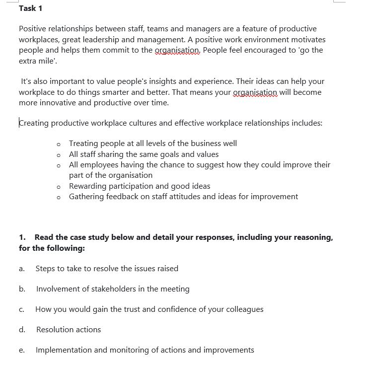 Solved Task 1 Positive relationships between staff, teams | Chegg.com