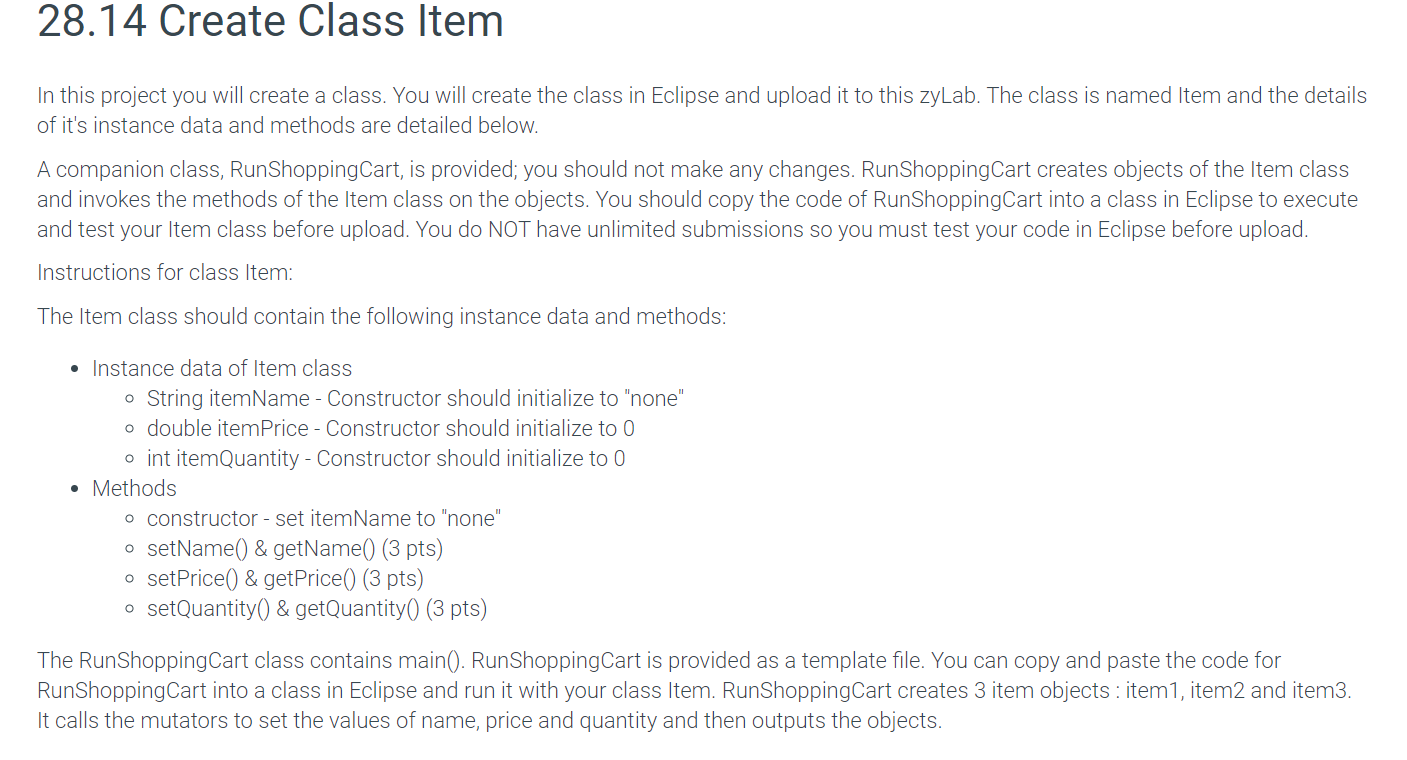 Solved 28.14 Create Class Item In this project you will | Chegg.com