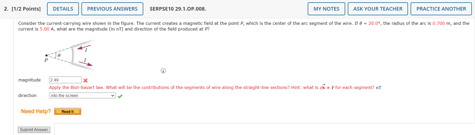 Solved current is 5.00 A, what are the magnitude (in nT ) | Chegg.com