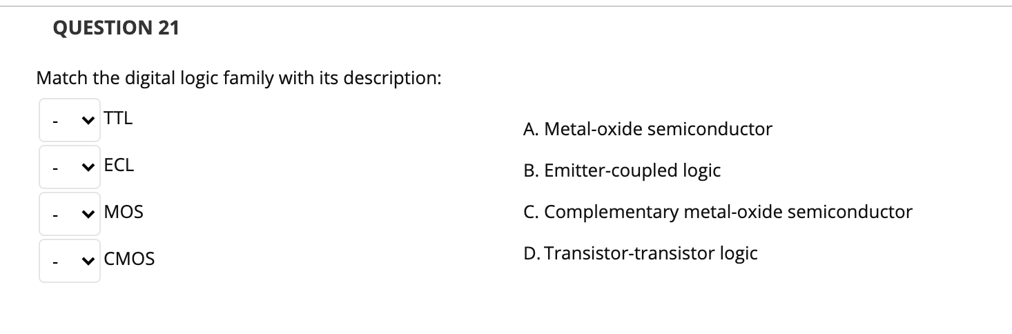 Solved QUESTION 21 Match The Digital Logic Family With Its | Chegg.com