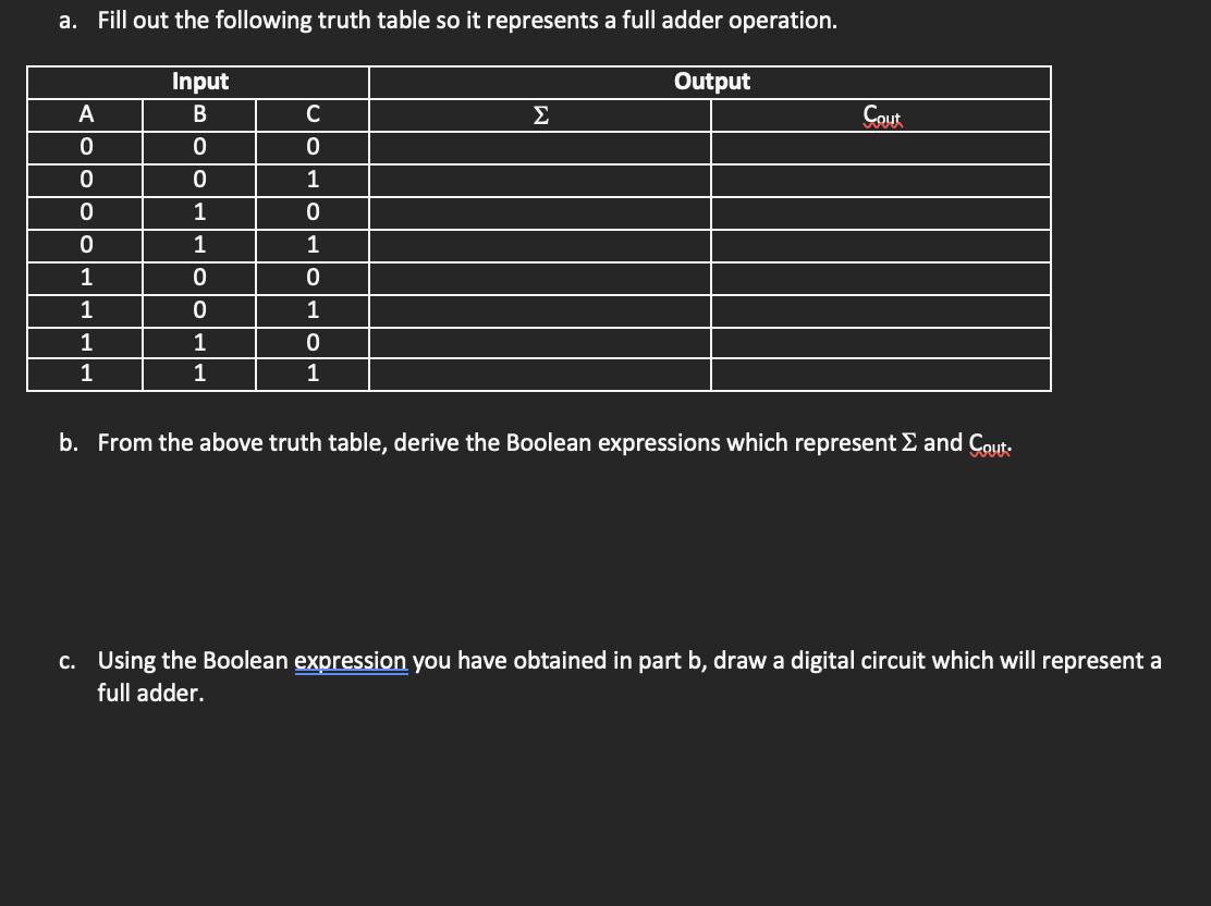 Solved a. Fill out the following truth table so it | Chegg.com