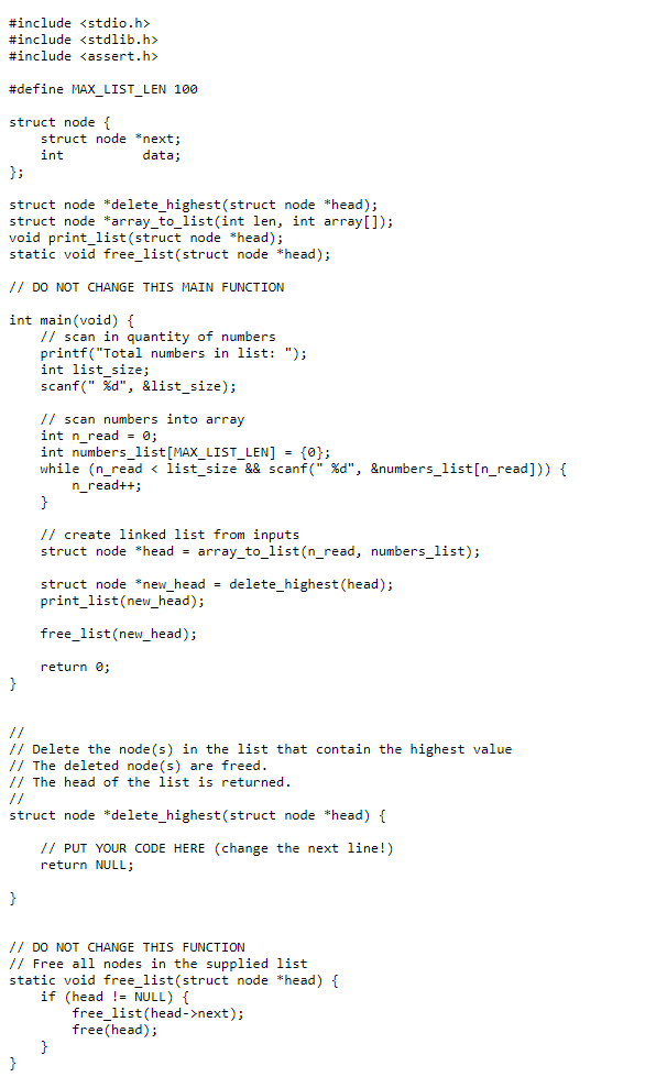 Solved Download list_delete_highest.c here, or copy it to | Chegg.com