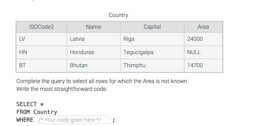 Country Complete the query to select all rows for | Chegg.com