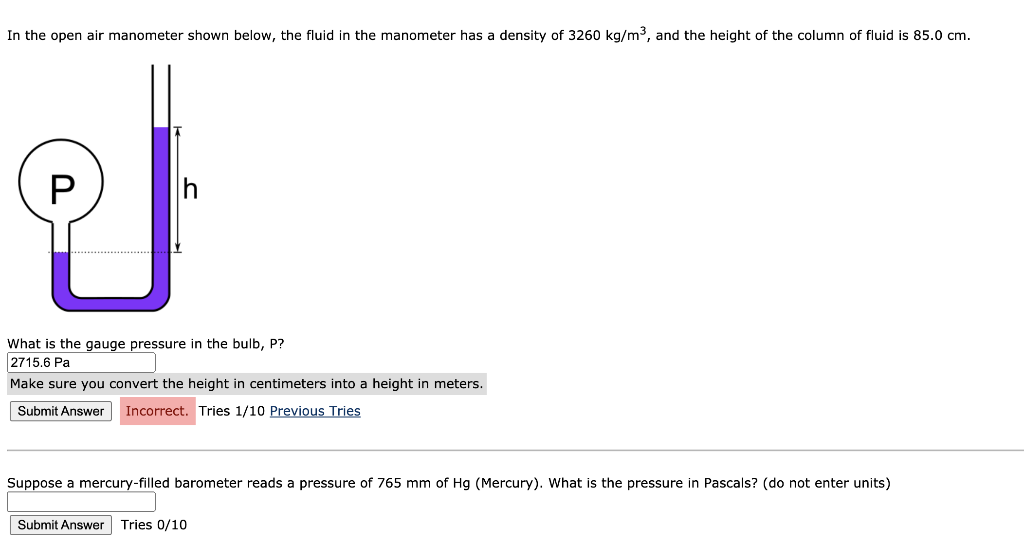 Solved In the open air manometer shown below, the fluid in | Chegg.com