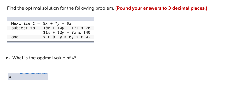 Find the optimal solution for the following problem. (Round your answers to 3 decimal places.)
a. What is the optimal value o