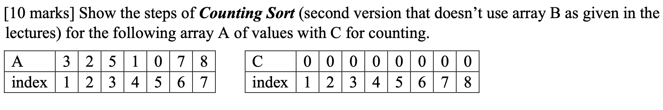 Solved [10 marks] Show the steps of Counting Sort (second | Chegg.com