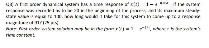 Solved Q3) A first order dynamical system has a time | Chegg.com