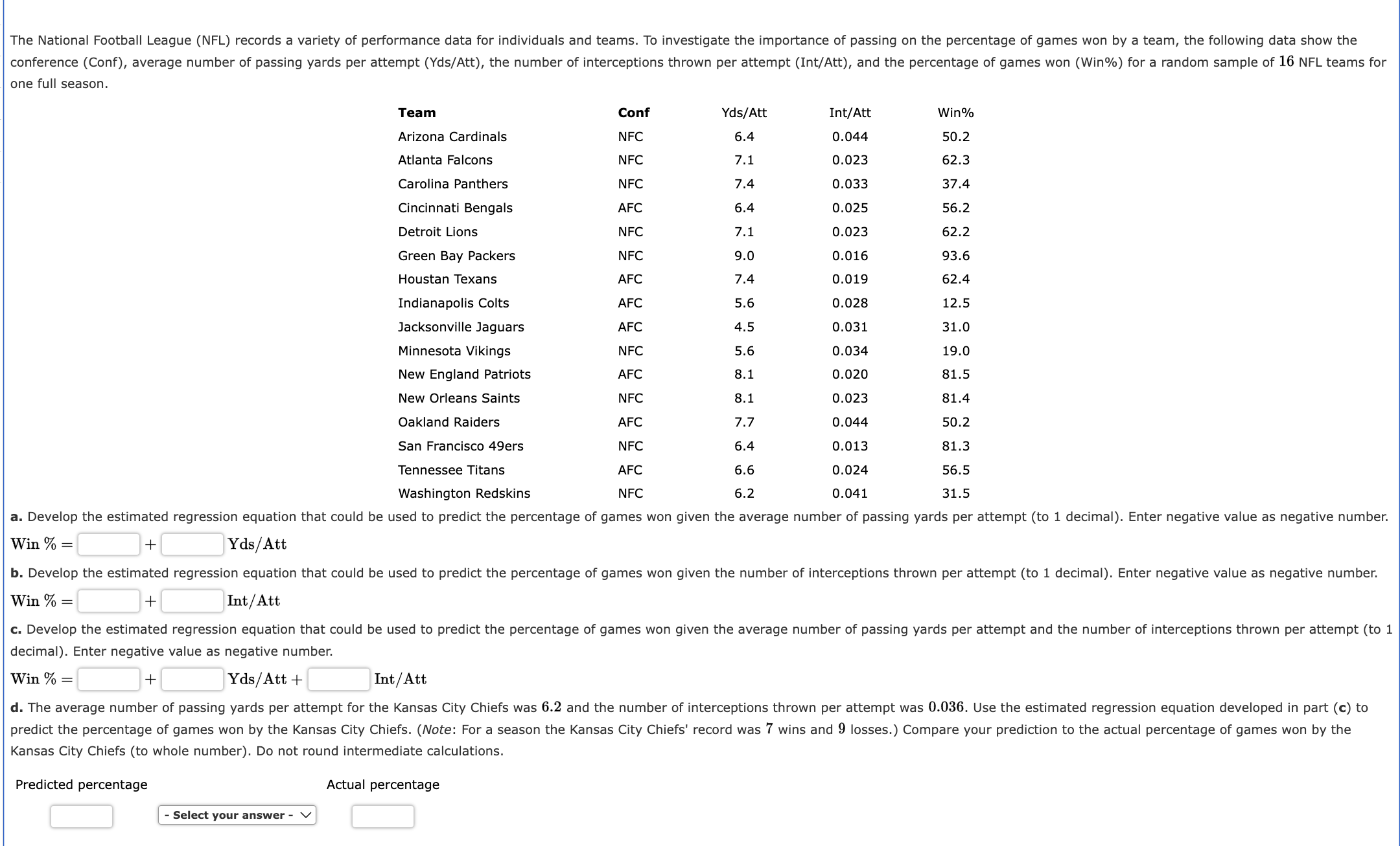 Solved one full season. Win %=+ Yds/Att Win %= Int/Att | Chegg.com