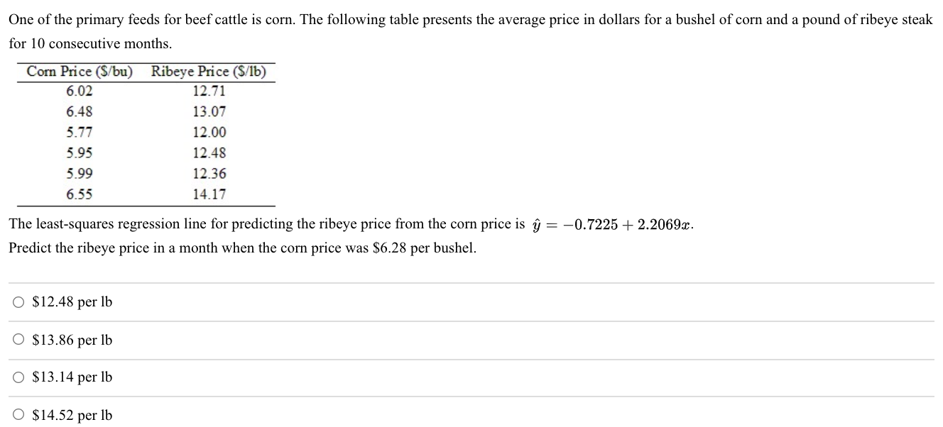 Solved One of the primary feeds for beef cattle is corn. The