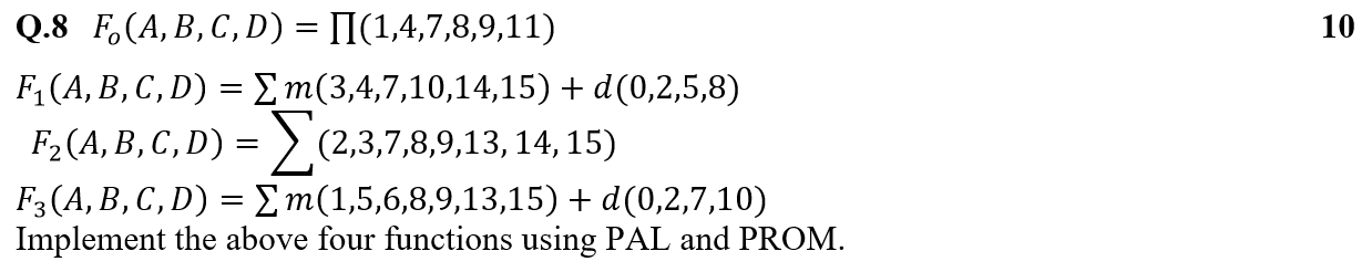 Solved 10 Q.8 F.(A,B,C,D) = II(1,4,7,8,9,11) F1(A,B,C,D) = | Chegg.com