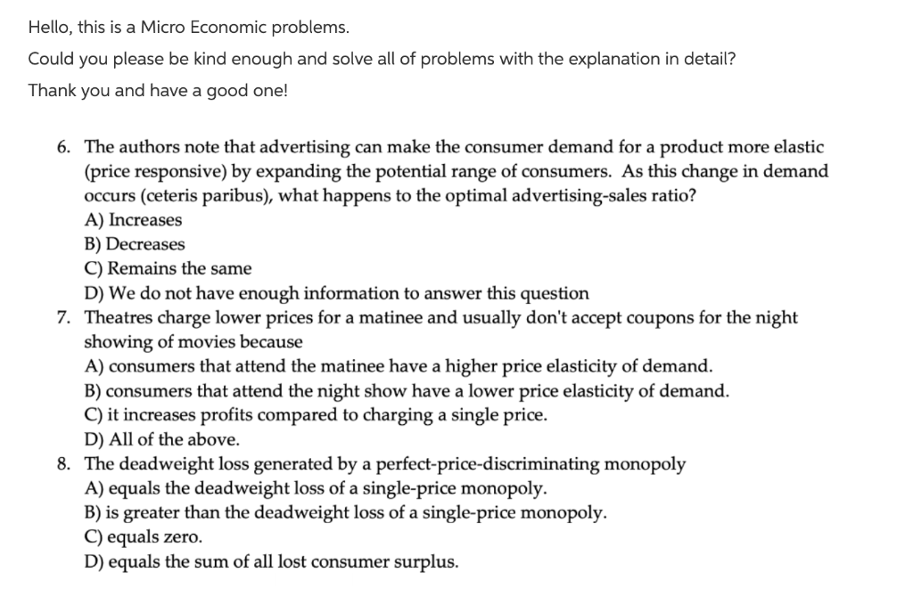 Hello, this is a Micro Economic problems Could you | Chegg.com