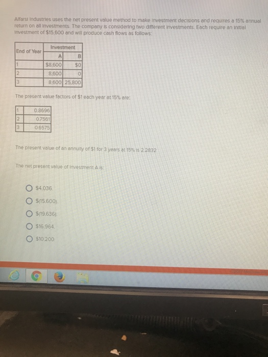 Solved Alfarsi Industries uses the net present value method | Chegg.com