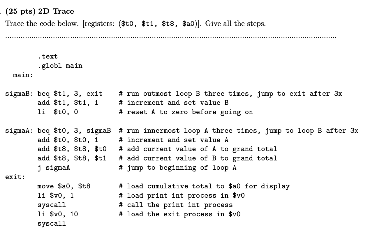 Solved (25 pts) 2D Trace Trace the code below. [registers: | Chegg.com