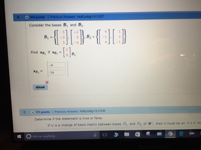 Solved Consider The Bases B_1 And B_2. B_1 = {[3 -3 5], | Chegg.com