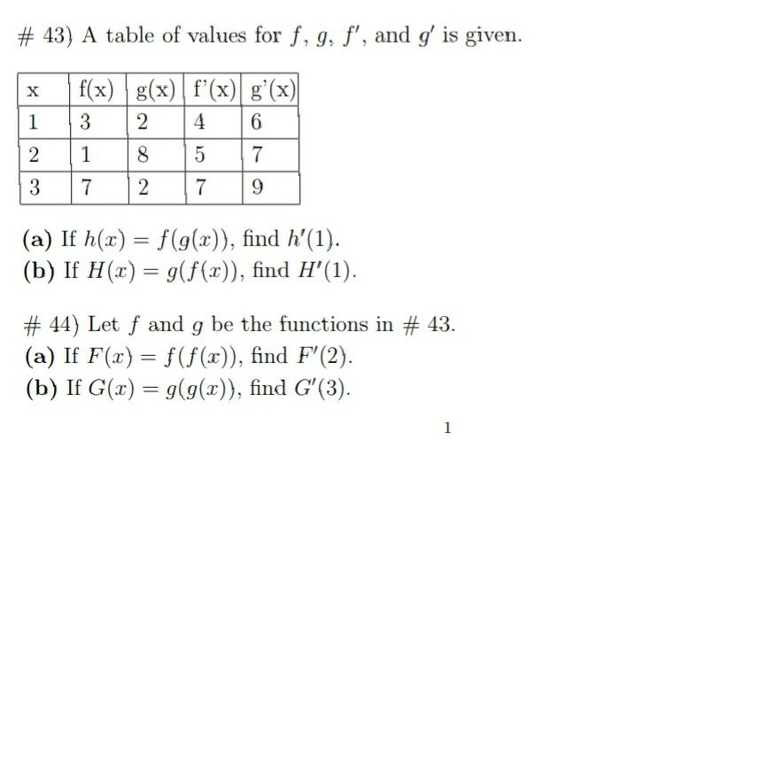 Solved 43 A Table Of Values For F G F And G Is Gi Chegg Com