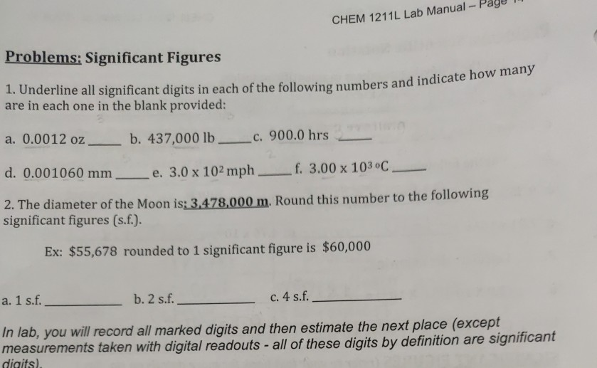 Solved CHEM 1211L Lab Manual - Page 1 Problems: Significant | Chegg.com