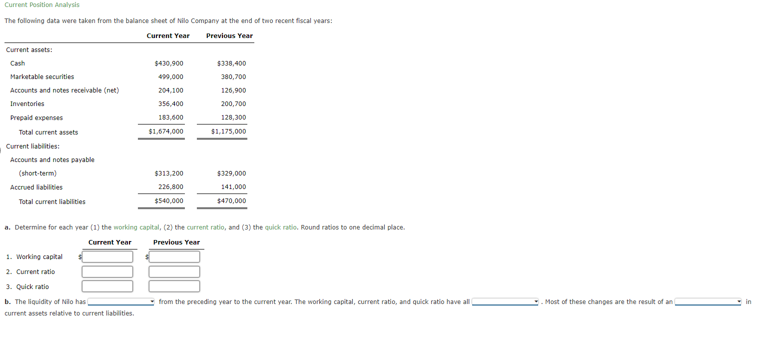 Solved Current Position Analysis The following data were | Chegg.com