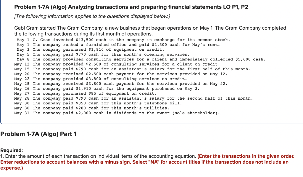 Solved Problem 1-7A (Algo) Analyzing transactions and | Chegg.com