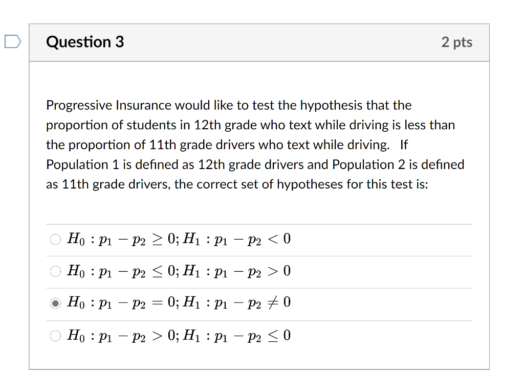 Solved Question 1 2 pts To test the equality of two | Chegg.com
