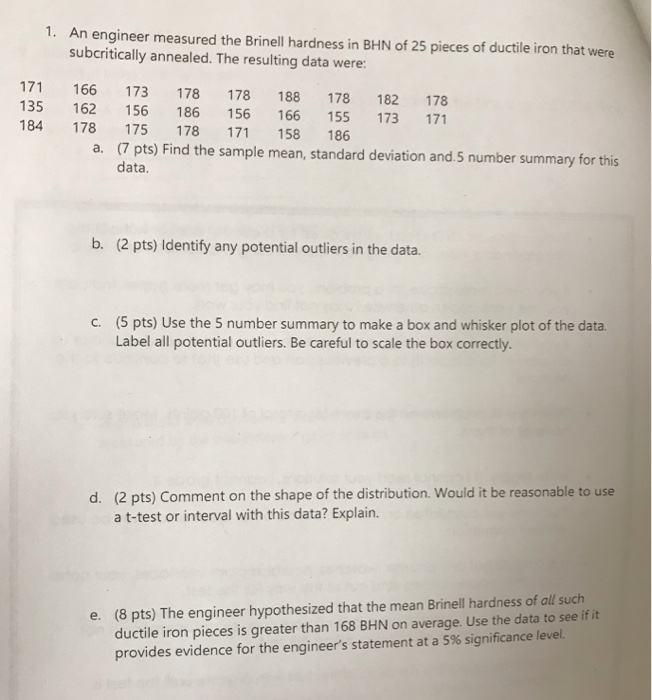 Solved 1. An engineer measured the Brinell hardness in BHN