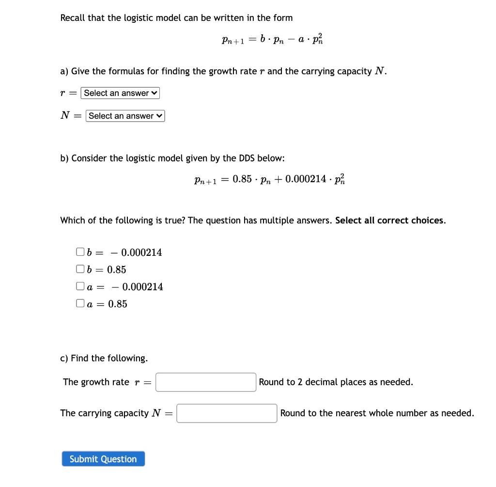 Solved Recall That The Logistic Model Can Be Written In The | Chegg.com ...