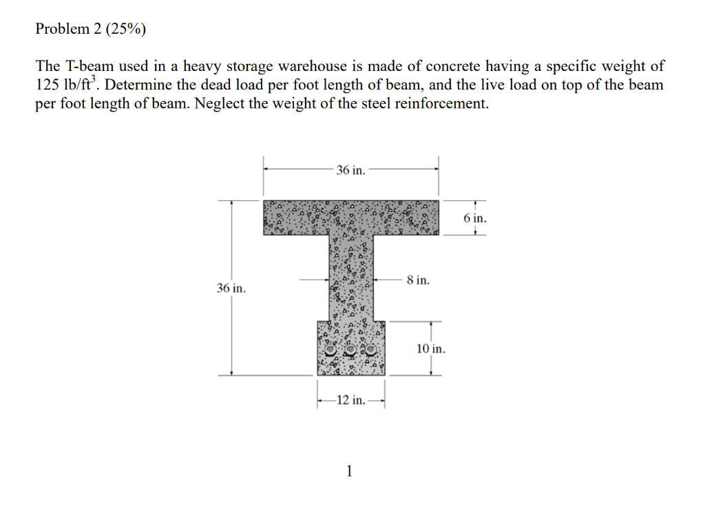 Problem 2 (25%) specific weight of The T-beam used in a heavy storage warehouse is made of concrete having 125 lb/ft. Determi