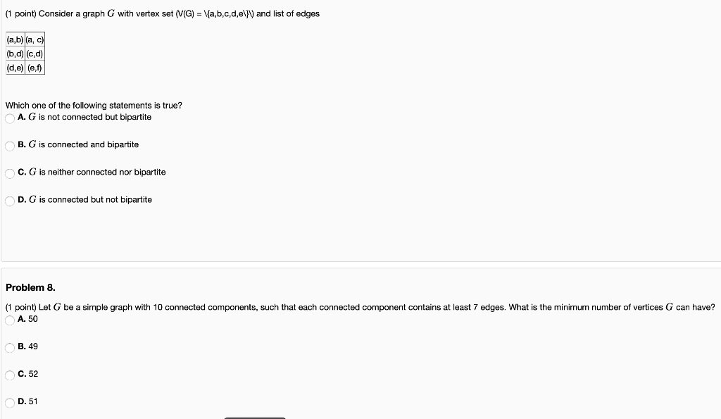 Solved (1 point) Consider a graph G with vertex set (V(G) = | Chegg.com