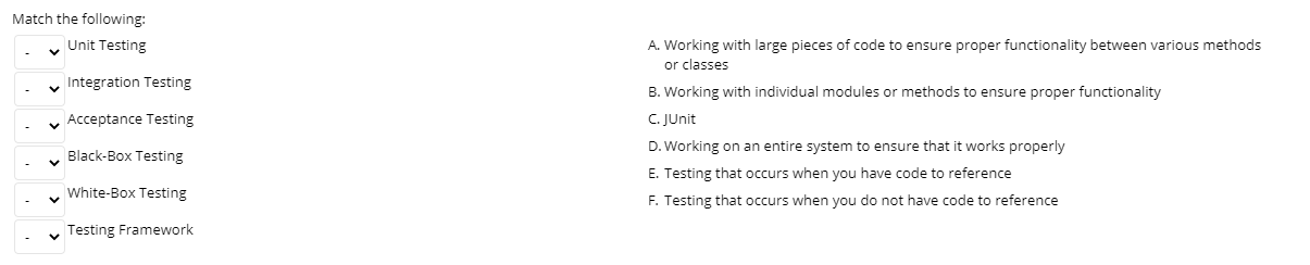 Solved Match the following: Unit Testing Integration Testing | Chegg.com