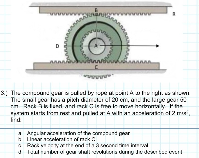Compound Gear Practical Example Solved 3.) The compound gear is pulled by rope at point A to | Chegg.com