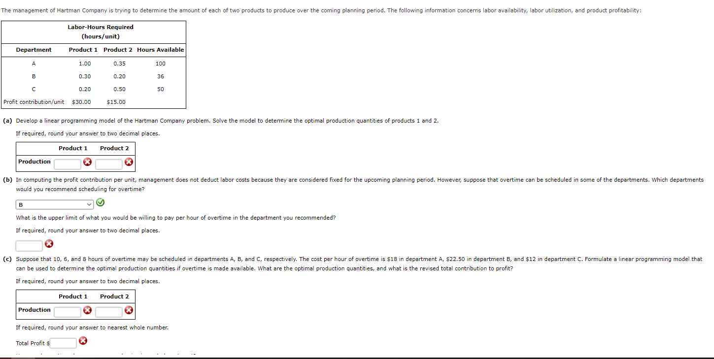 Solved (a) Develop a linear programming model of the Hartman | Chegg.com