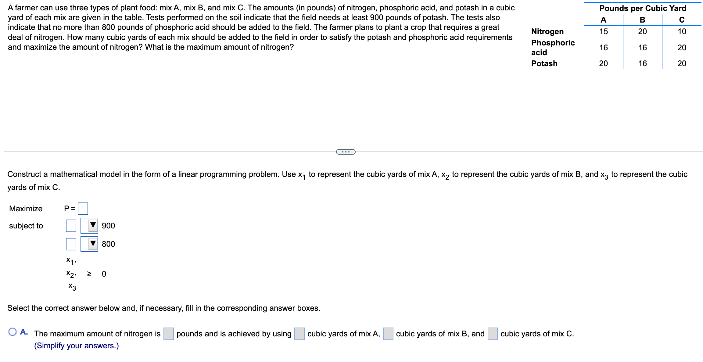 Solved A farmer can use three types of plant food mix A,