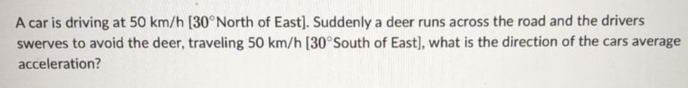 Solved A car is driving at 50 km/h [ 30∘ North of East]. | Chegg.com
