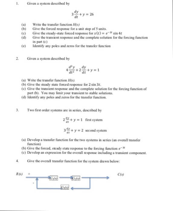 Solved Given a system described by dt (a) Write the transfer | Chegg.com
