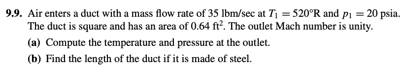 Solved = 9.9. Air enters a duct with a mass flow rate of 35 | Chegg.com