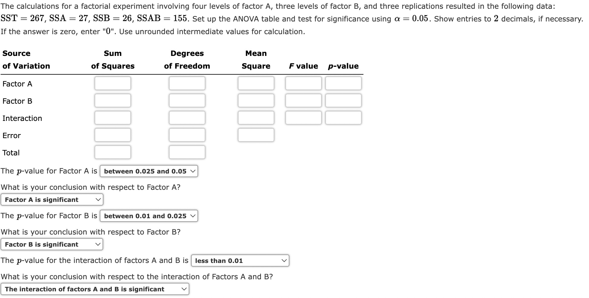 Solved The Calculations For A Factorial Experiment Involving | Chegg.com