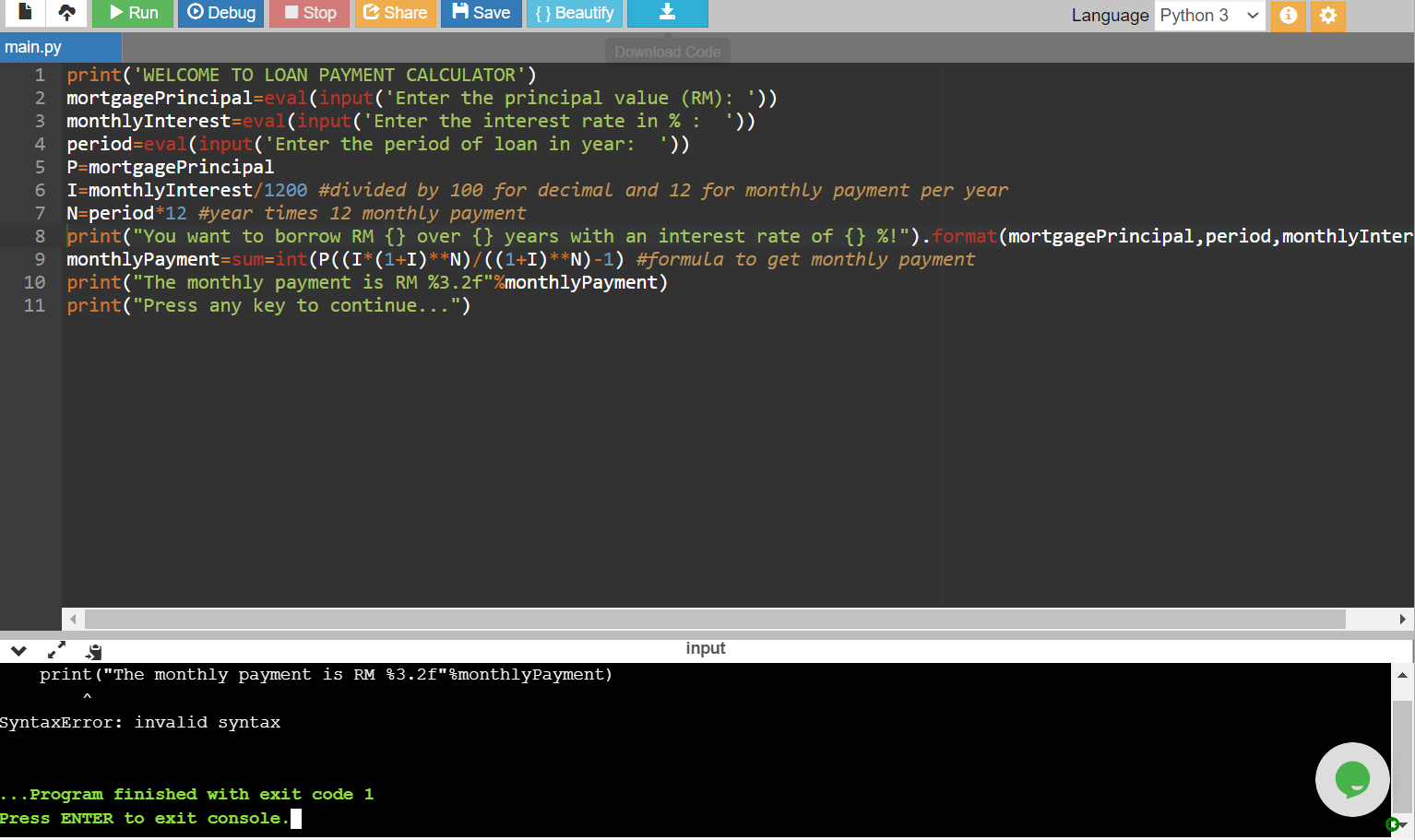 Solved Debug Stop 4 Run Share Save {} Beautify Language | Chegg.com