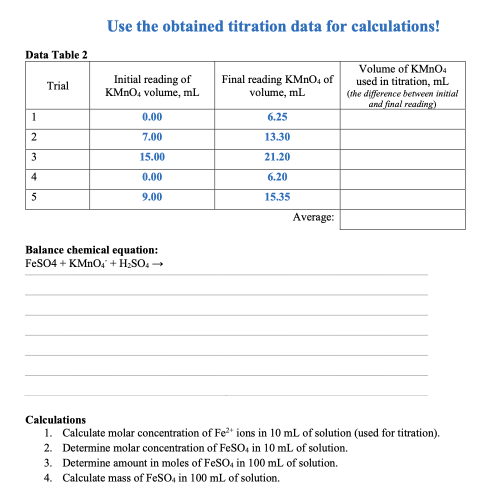 Solved Use the obtained titration data for calculations! | Chegg.com