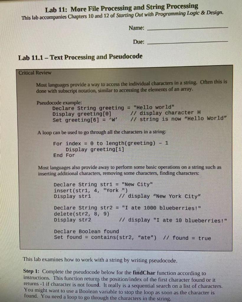 Lab 11: More File Processing and String Processing | Chegg.com