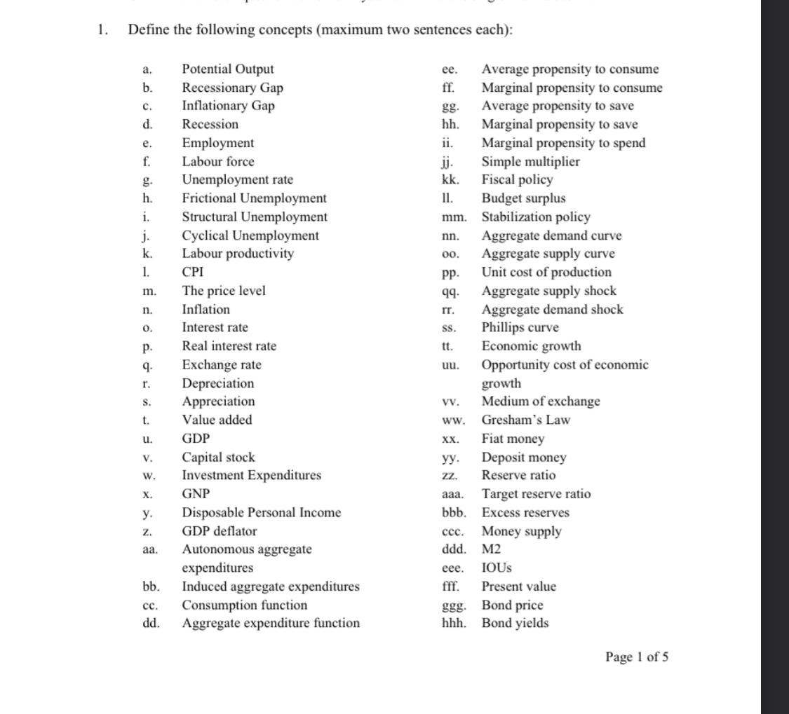 Solved 1. Define the following concepts (maximum two | Chegg.com