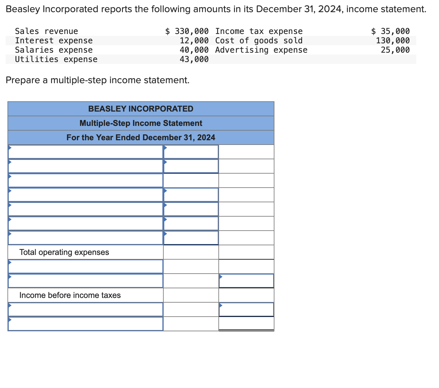 Solved Beasley Incorporated Reports The Following Amounts In | Chegg.com