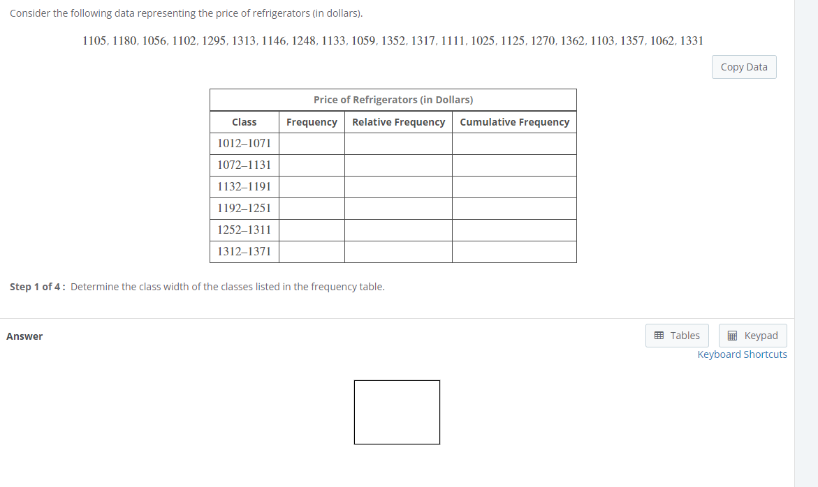 Solved Consider the following data representing the price of | Chegg.com