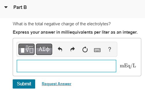 Part B
What is the total negative charge of the electrolytes?
Express your answer in milliequivalents per liter as an integer