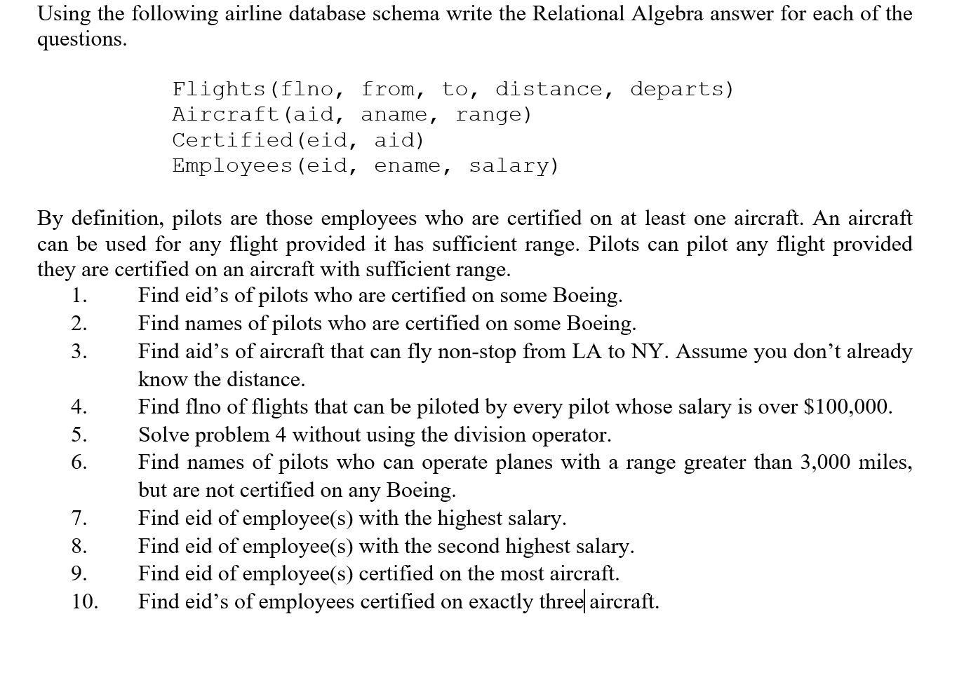 Solved Using the following airline database schema write the | Chegg.com