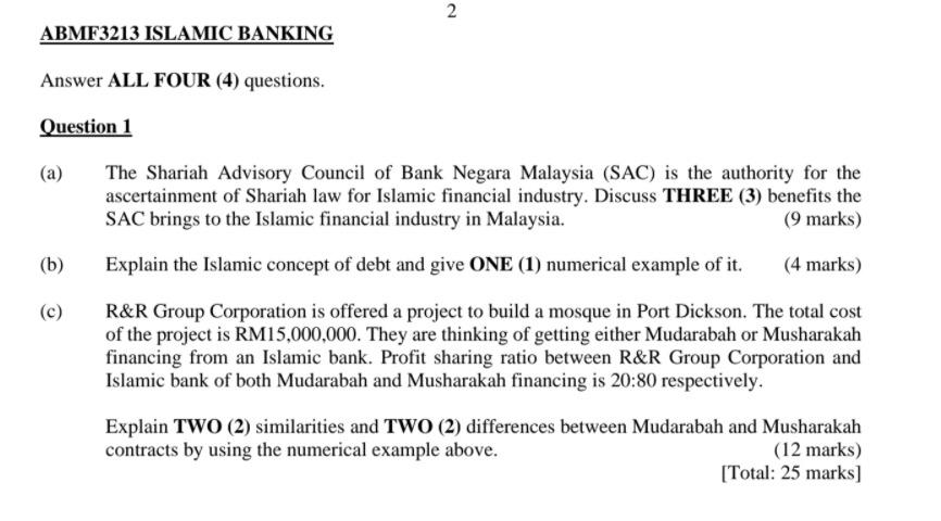 2 ABMF3213 ISLAMIC BANKING Answer ALL FOUR (4)  Chegg.com