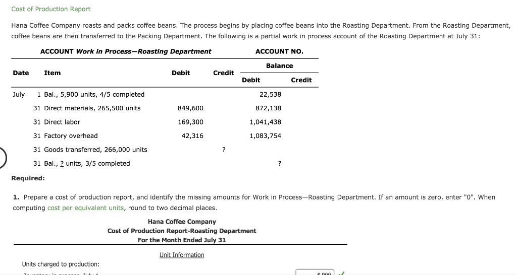 Solved Cost of Production Report Hana Coffee Company roasts