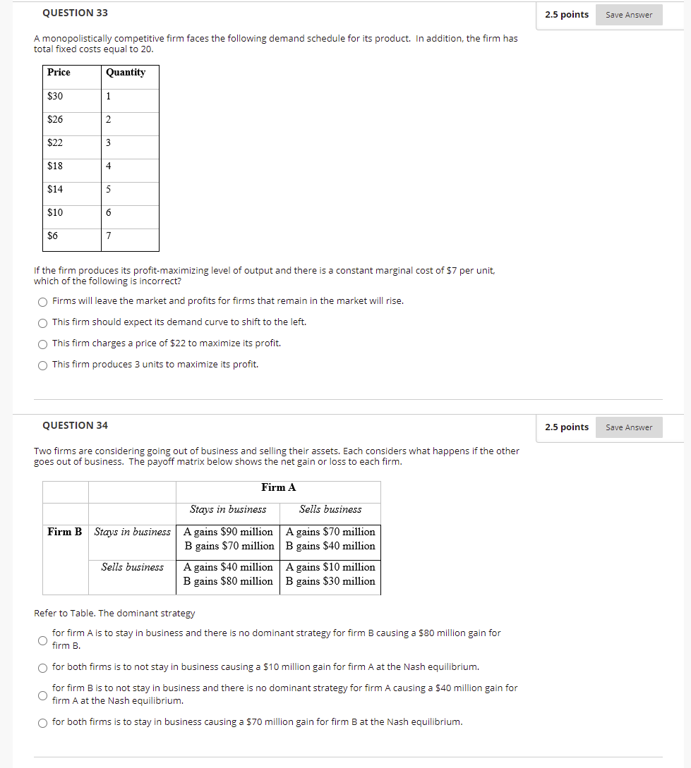 Solved QUESTION 33 2.5 points Save Answer A monopolistically | Chegg.com