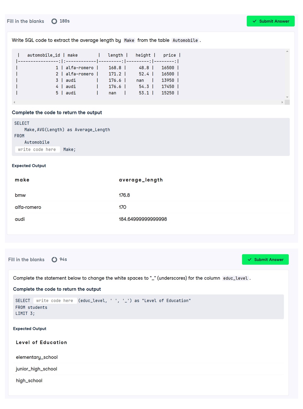 Solved Write SQL code to extract the average length by Make | Chegg.com