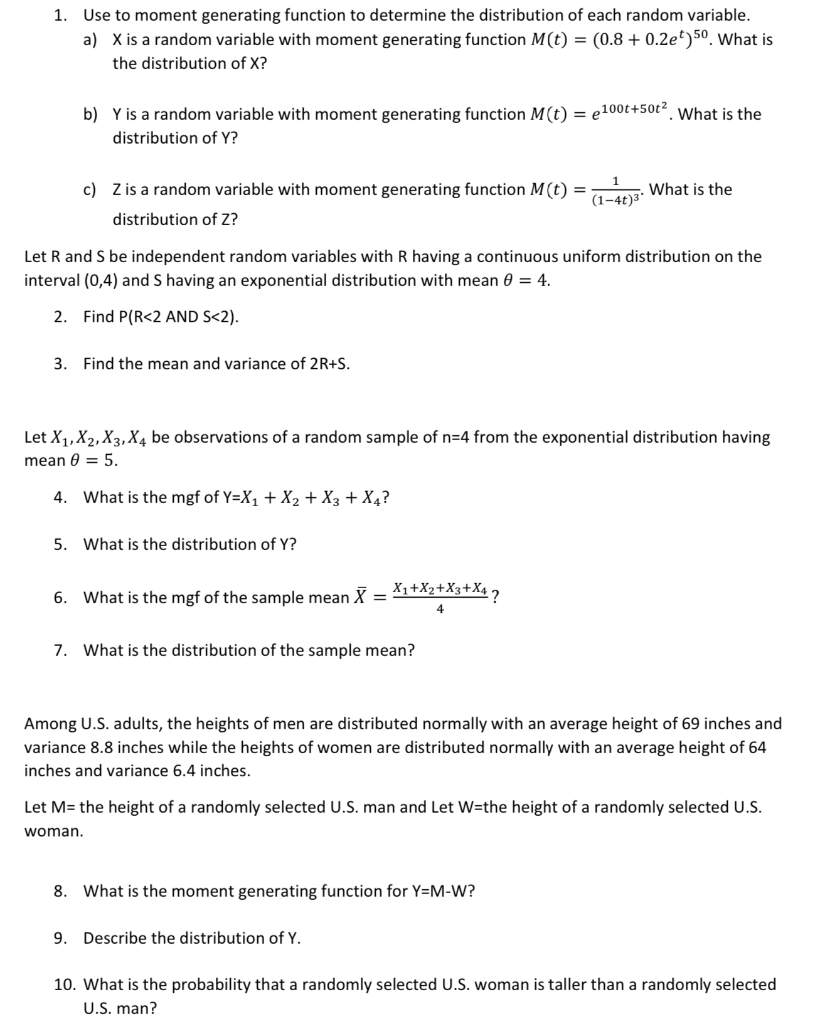 Solved 1 Use To Moment Generating Function To Determine Chegg Com