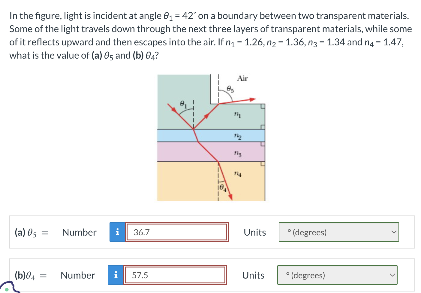 Solved In the figure, light is incident at angle θ1=42∘ on a | Chegg.com
