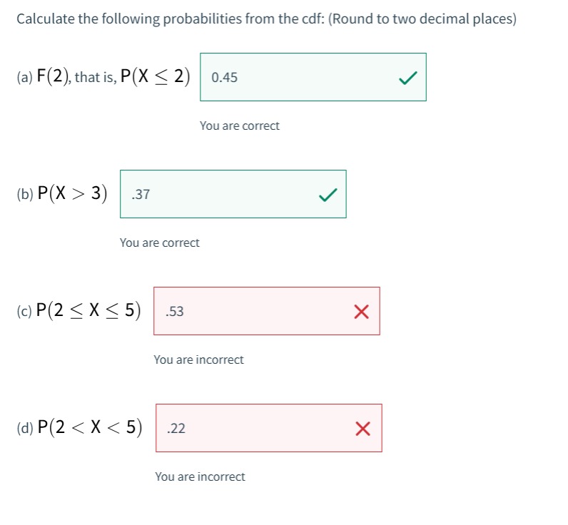 Solved Calculate the following probabilities from the cdf: | Chegg.com